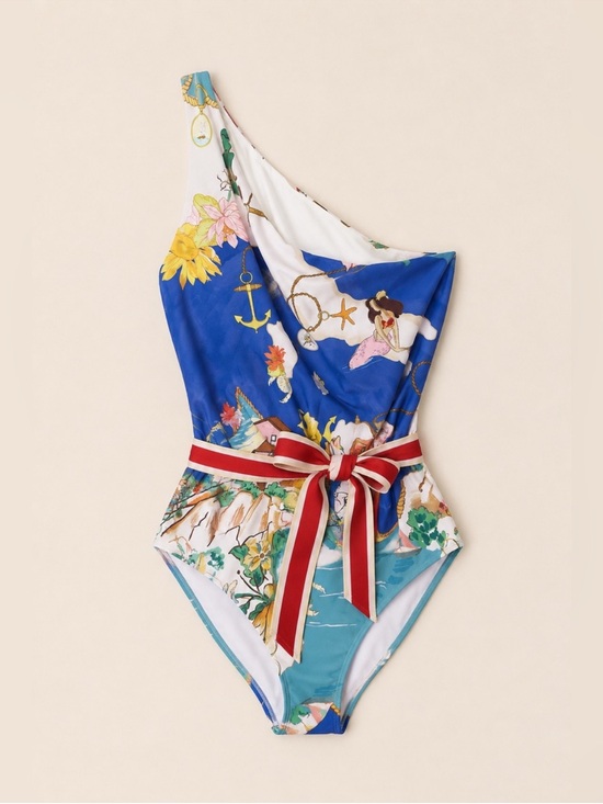ANTONIO MELANI Other - ANTONIO MELANI Navy, Teal & Red One-Shoulder Floral Print Swimsuit Size XS NWT